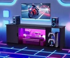 TV Stand for TVs up to 1651 mm, Modern Entertainment Center with Light Strip, Wooden TV Cabinet Storage with Glass Shelf and Adjustable Shelves, Console Table for Living Room and Bedroom, Black