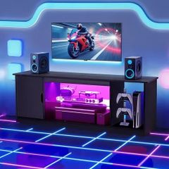 TV Stand for TVs up to 1651 mm, Modern Entertainment Center with Light Strip, Wooden TV Cabinet Storage with Glass Shelf and Adjustable Shelves, Console Table for Living Room and Bedroom, Black