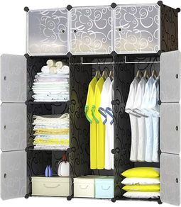12-Cube Clothes Closet, Plastic Wardrobe with Doors & 2 Hangers, Deeper Cubes than Normal (45 cm vs. 35 cm) for Larger Capacity