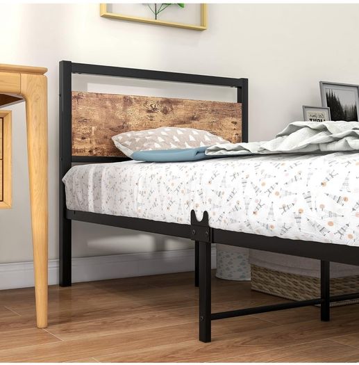 Metal Platform Bed Frame 3 FT Single with Wooden Headboard