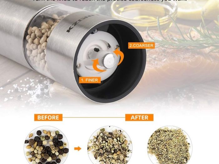 Electric Salt and Pepper Mill Set, Battery Operated, Ceramic Grinding Blade, Automatic Stainless Steel Grinders Shakers with LED Light and Adjustable Coarseness (FREE POSTAGE)