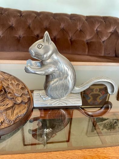 Vintage Aluminum Metal Squirrel on Log Nutcracker