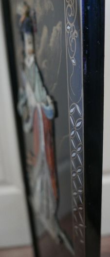 Vintage large Japanese Mother of Pearl Wall Panel / Black Lacquer Geisha Warrior & Floral ORIENTAL WALL ART