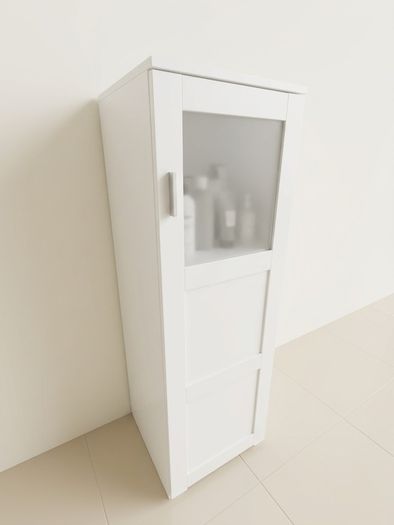 White Slim Tall Storage Cabinet with Frosted Glass Door (Excellent Condition)