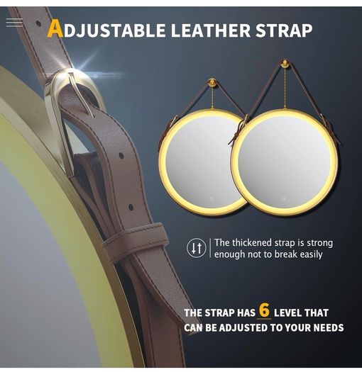 Round Bathroom Mirror with Lights Gold Frame Leather Strap Illuminated Bathroom LED Mirror