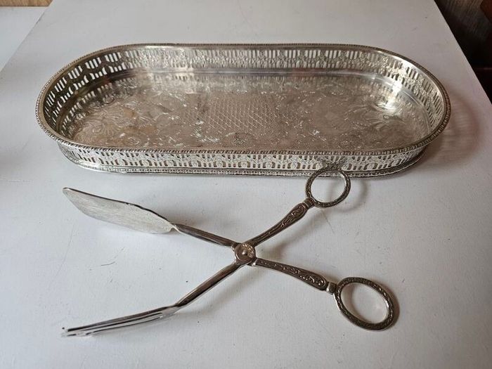 Vintage Silver Plated Serving Tray and Server Tongs