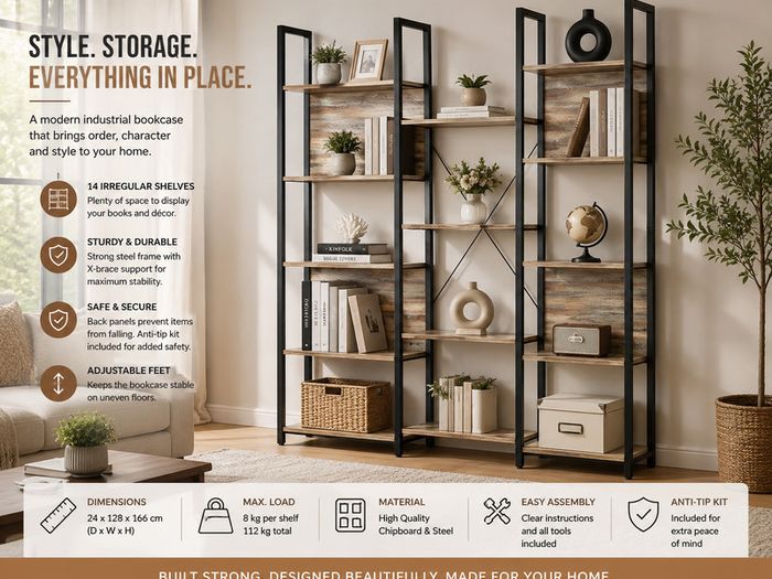 Bookcase  free-standing shelf with 14 shelves Oak colors with blue grain-black