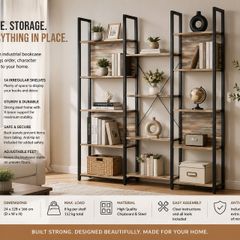 Bookcase  free-standing shelf with 14 shelves Oak colors with blue grain-black