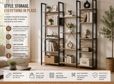 Bookcase  free-standing shelf with 14 shelves Oak colors with blue grain-black