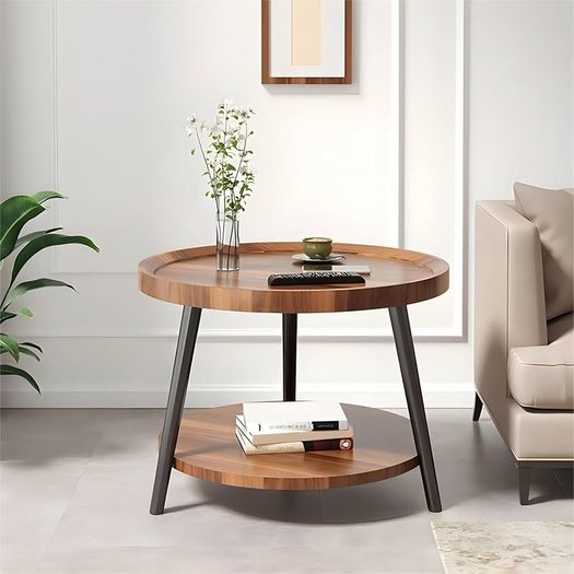 Modern Round Coffee Table with 2 Tier Storage Shelf Stylish Wooden Center Table Versatile Sofa Side Table Nightstand for Living Room & Home Office Brown