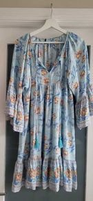 Unsigned sky blue floral floaty boho dress Sz L (Fit 12-14UK)