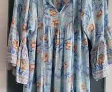Unsigned sky blue floral floaty boho dress Sz L (Fit 12-14UK)