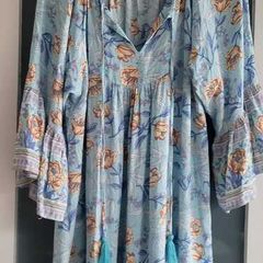 Unsigned sky blue floral floaty boho dress Sz L (Fit 12-14UK)