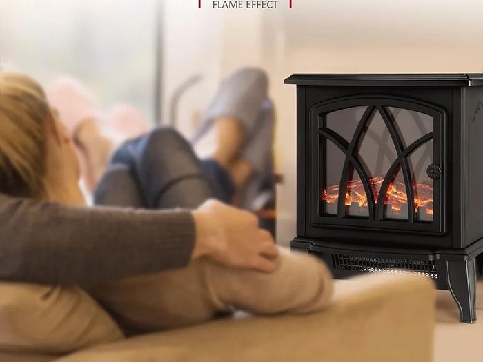 Electric Fireplace Stove Heater 1600-1800W with Fire Flame Effect, 2 Heat Settings, Adjustable Thermostat, Freestanding Portable Electric Log Wood Burner Effect - Black
