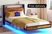 Single Bed Frame with Charging Station and LED Lights, Wood Headboard