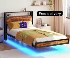 Single Bed Frame with Charging Station and LED Lights, Wood Headboard