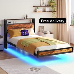 Single Bed Frame with Charging Station and LED Lights, Wood Headboard