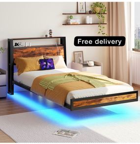 Single Bed Frame with Charging Station and LED Lights, Wood Headboard