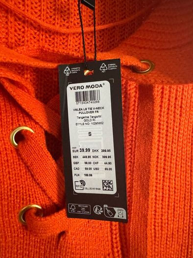 Vero Moda VMLEA LS TIE V-NECK Pullover FR Tangerine Tango / orange  size S UK12 EU40 Postage included