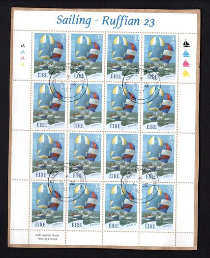 2001 Ireland Sailing (Ruffian, Howth, Sports boat & The Glen) Stamp Sheetlet Plate 1A1A1A1A Fine Used with Dublin CDS cancel of 17th September 2002 (First day of issue) on envelope extract