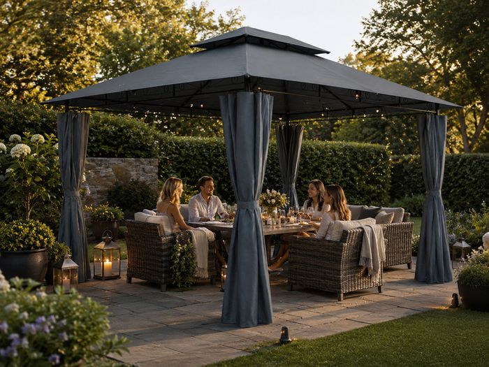 3 x 4m Metal Garden Gazebo with Side Curtains Water-Repellent UV50+ Outdoor Gazebo