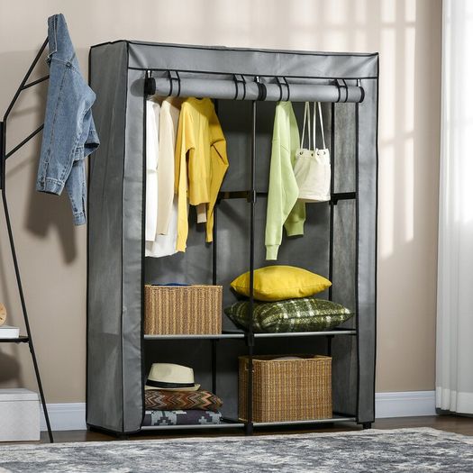 Portable Fabric Wardrobe with 4 Shelves & 2 Hanging Rails, Foldable Clothes Storage Cabinet