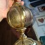 A Beautiful Large Heavy Victorian-style Brass Table Lamp with Brass Baluster Stem and Faceted, Paneled Knop, raised on a Stepped Hexagonal Base; fitted with a tall, cream textile shade with scalloped fringe and tassel trim, Postage Available or collection Image 7