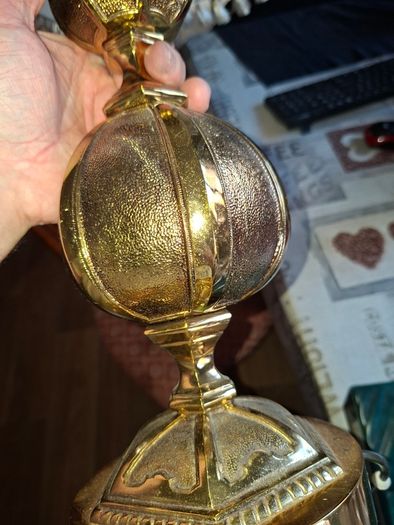 A Beautiful Large Heavy Victorian-style Brass Table Lamp with Brass Baluster Stem and Faceted, Paneled Knop, raised on a Stepped Hexagonal Base; fitted with a tall, cream textile shade with scalloped fringe and tassel trim, Postage Available or collection