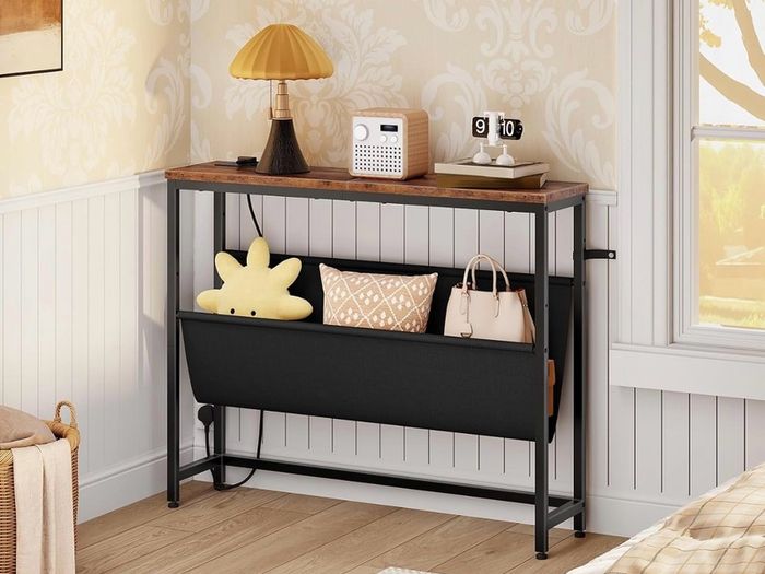 Console Table with Power Outlet and Pouch, Narrow Behind Sofa Table 100 cm Slim Console Table with Charging Station and Adjustable Oxford Pouch, Hallway Table for Entryway, Living Room, Bedroom