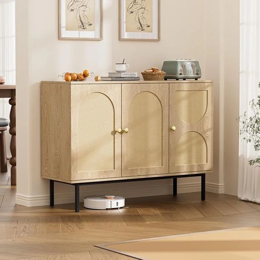 Sideboard Storage Cabinet, Kitchen Cupboard Storage with 3 Doors, Rattan Buffet Cabinet for Living Room, Dining Room, Kitchen, Hallway
