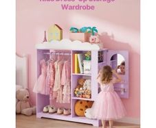 Kids Dress Up Storage, with Jewelry Cabinet, Dress Up Closet with Mirror and Shelves, Princess Costumes Wardrobe Closet, Toddler Costume Organizer Armoire, for Bedroom, Kids Room, Girls, Purple