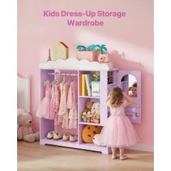 Kids Dress Up Storage, with Jewelry Cabinet, Dress Up Closet with Mirror and Shelves, Princess Costumes Wardrobe Closet, Toddler Costume Organizer Armoire, for Bedroom, Kids Room, Girls, Purple