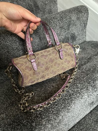 vintage Guess Y2K small monogram bag in a brown and pink glitter colorway.