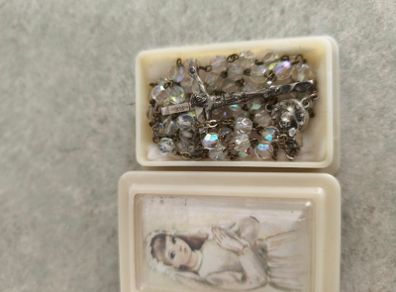 Vintage Boxed Rosary Bead Necklace - Crystal Rosary Beads - Catholic Prayer Beads - Mid Century