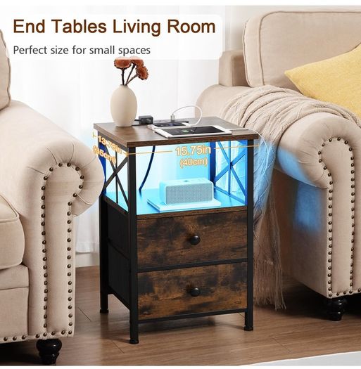 Bedside Table Set of 2, Side Table with Charging Station and Led Lights