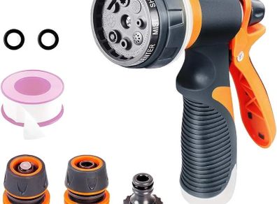 Hose Spray Gun with Hose Connector 8 Adjustable Patterns Hose Gun High Pressure Hose Nozzle with Flow Control Garden Hose Spray Gun for Watering Plants and Lawns Washing Cars and Pets, 50Ft