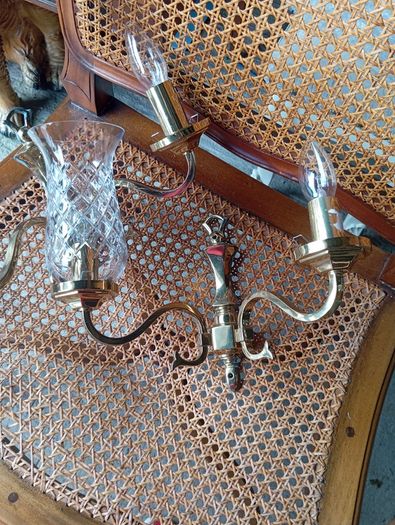Vintage brass and crystal chandelier with matching wall lights