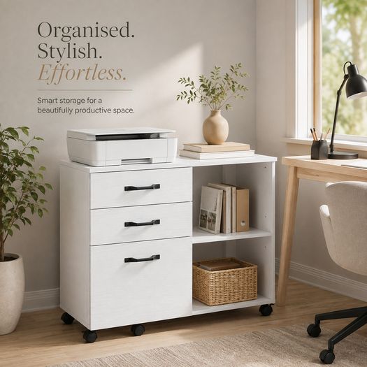 Mobile Filing Cabinet with 3 Drawers, Adjustable Shelf and Lockable Castors Office Cabinet