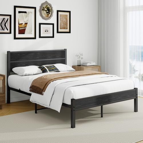 Double Bed Frame with Wooden Headboard and Footboard