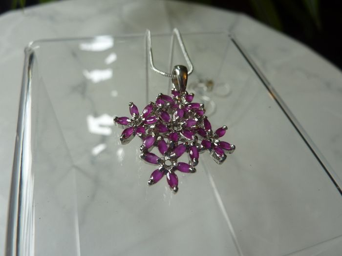 Ruby Cluster Snowflake Pendant Necklace, 925 Sterling Silver, 18 inch Chain