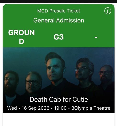 Death Cab for Cutie Tickets. 2 x Standing Wed 16 Sep