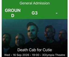 Death Cab for Cutie Tickets. 2 x Standing Wed 16 Sep