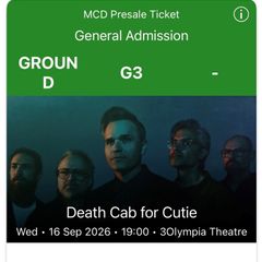 Death Cab for Cutie Tickets. 2 x Standing Wed 16 Sep