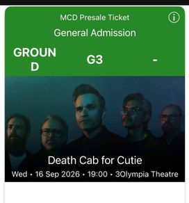 Death Cab for Cutie Tickets. 2 x Standing Wed 16 Sep