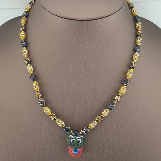 Vintage Venetian style Eyes Glass & Old Face Pendant Glass Beads Necklace