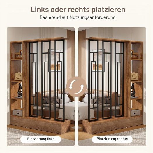 120cm Modern Wood & Metal Room Divider with Shelves, Freestanding Privacy Screen, Brown & Black, for Living Room, Office & Entryway