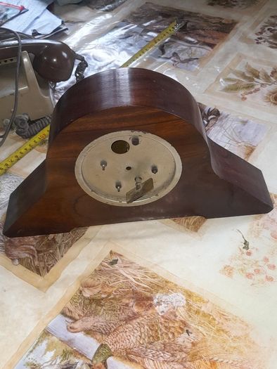 Beautiful Old Walnut Mantel Clock, stepped sunburst side supports