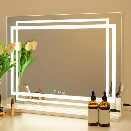 Hollywood Vanity Mirror Lighted Dressing Table Make Up Mirror, Dimmable 3 Modes LED Light Strips, Smart Touch Screen, with USB Charging Port, White, 22.8" W x 17.5" H