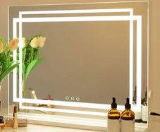Hollywood Vanity Mirror Lighted Dressing Table Make Up Mirror, Dimmable 3 Modes LED Light Strips, Smart Touch Screen, with USB Charging Port, White, 22.8" W x 17.5" H