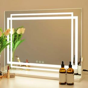 Hollywood Vanity Mirror Lighted Dressing Table Make Up Mirror, Dimmable 3 Modes LED Light Strips, Smart Touch Screen, with USB Charging Port, White, 22.8" W x 17.5" H